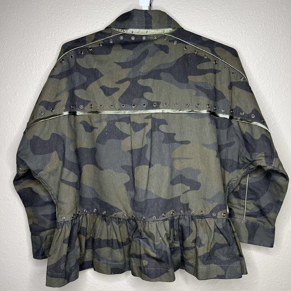 Joie Samia Camo Fatigue Ruffle Hem Peplum ¾ Sleeves Button Up Cargo Jacket Sz S - Picture 6 of 11